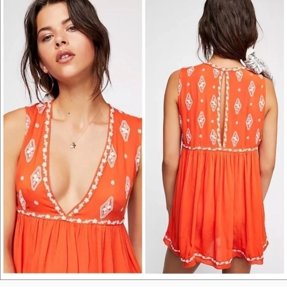 Free People Orange Sleeveless Embroidered Tunic SIZE SMALL